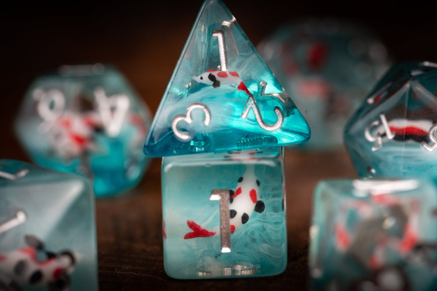 Cute Koi Fish Dice Set with Koi Pond Tray: Polyhedral DnD Dice for Ocean-Themed Games - Perfect Gift for Dungeons and Dragons Players