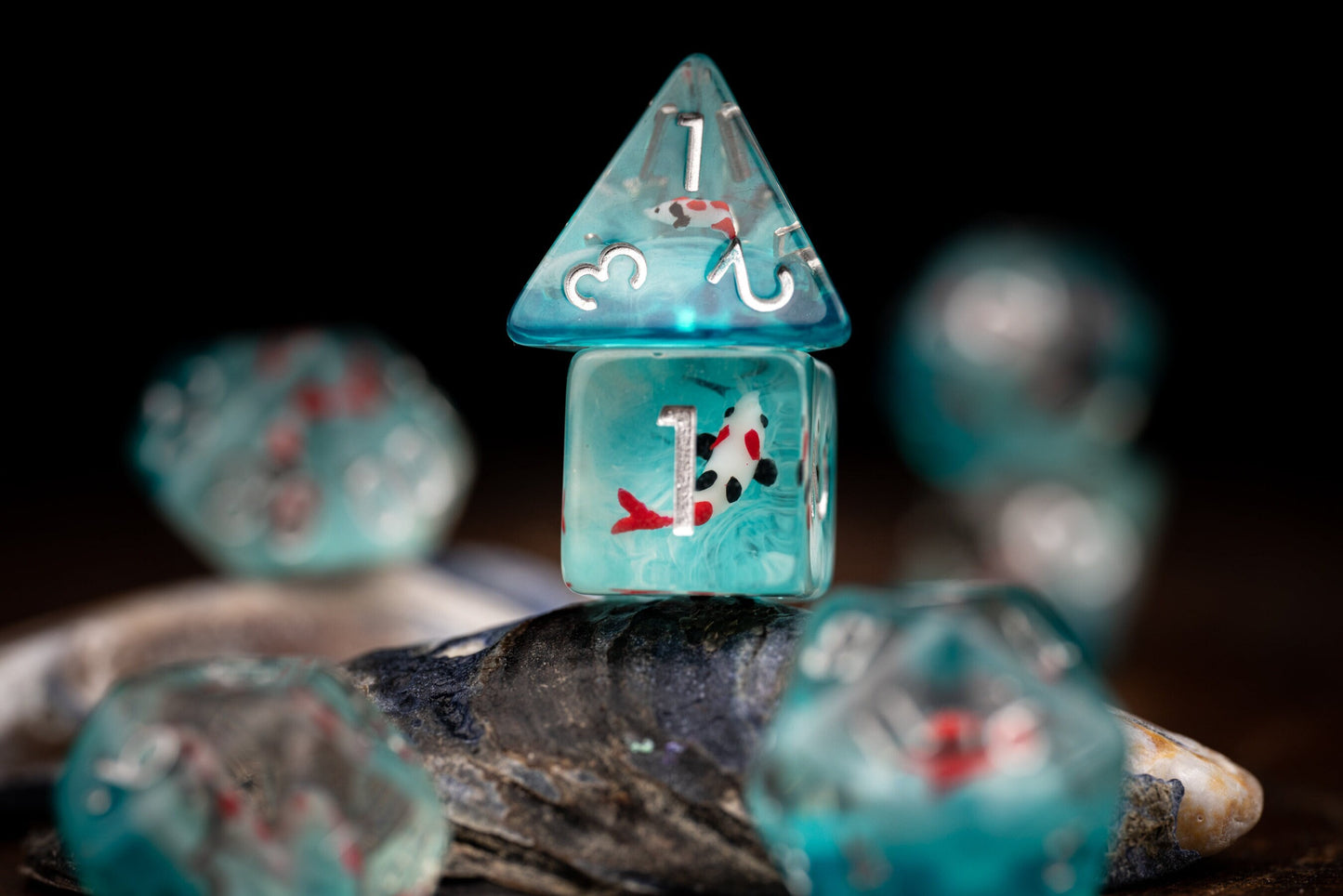 Cute Koi Fish Dice Set with Koi Pond Tray: Polyhedral DnD Dice for Ocean-Themed Games - Perfect Gift for Dungeons and Dragons Players