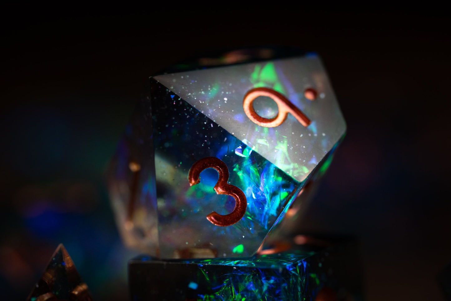 Nebula Mist Space Dice Set: Sharp Edge Polyhedral Resin Galaxy Dice with Glitter - Blue and green DnD Dice for Cosmic Adventures