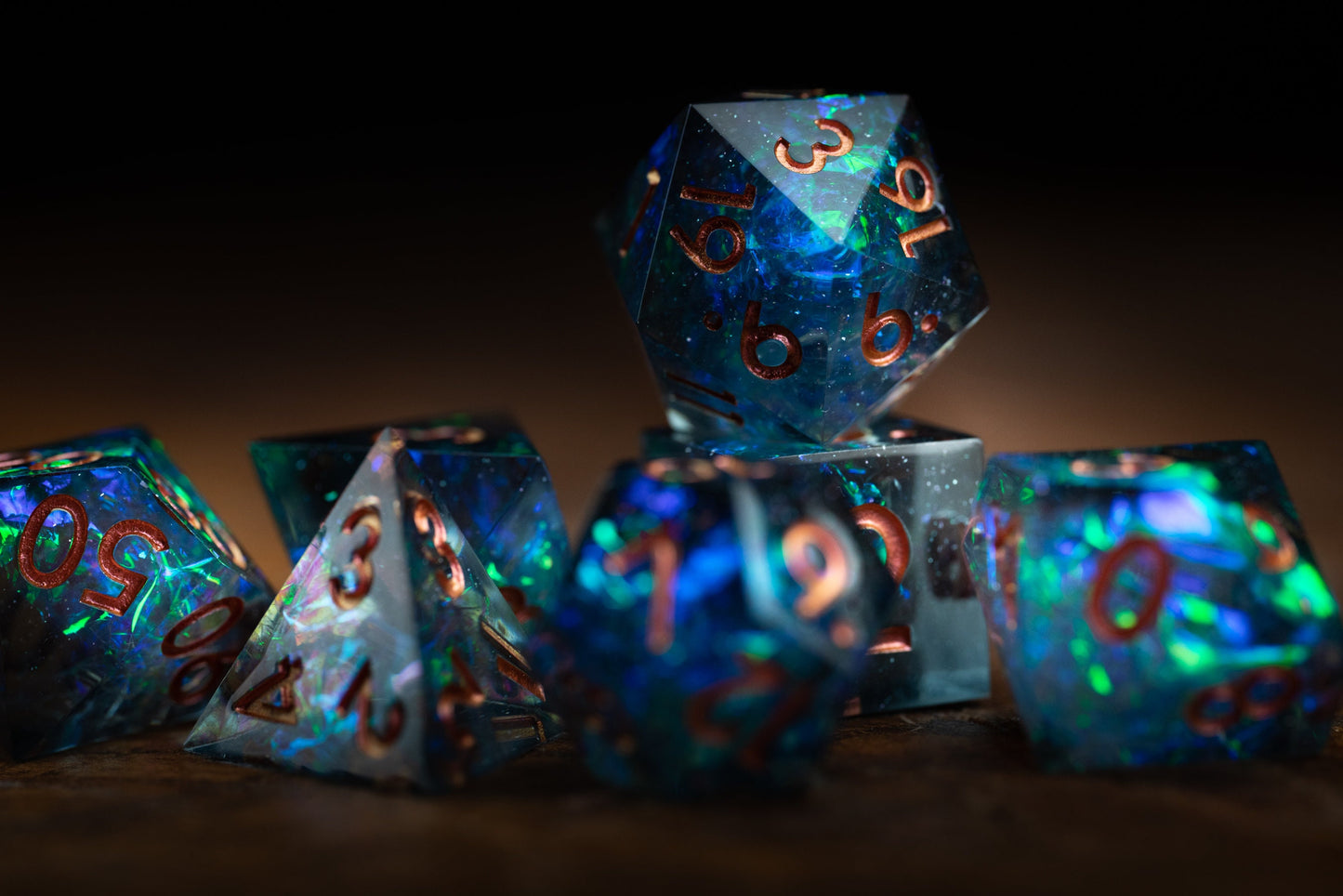 Nebula Mist Space Dice Set: Sharp Edge Polyhedral Resin Galaxy Dice with Glitter - Blue and green DnD Dice for Cosmic Adventures