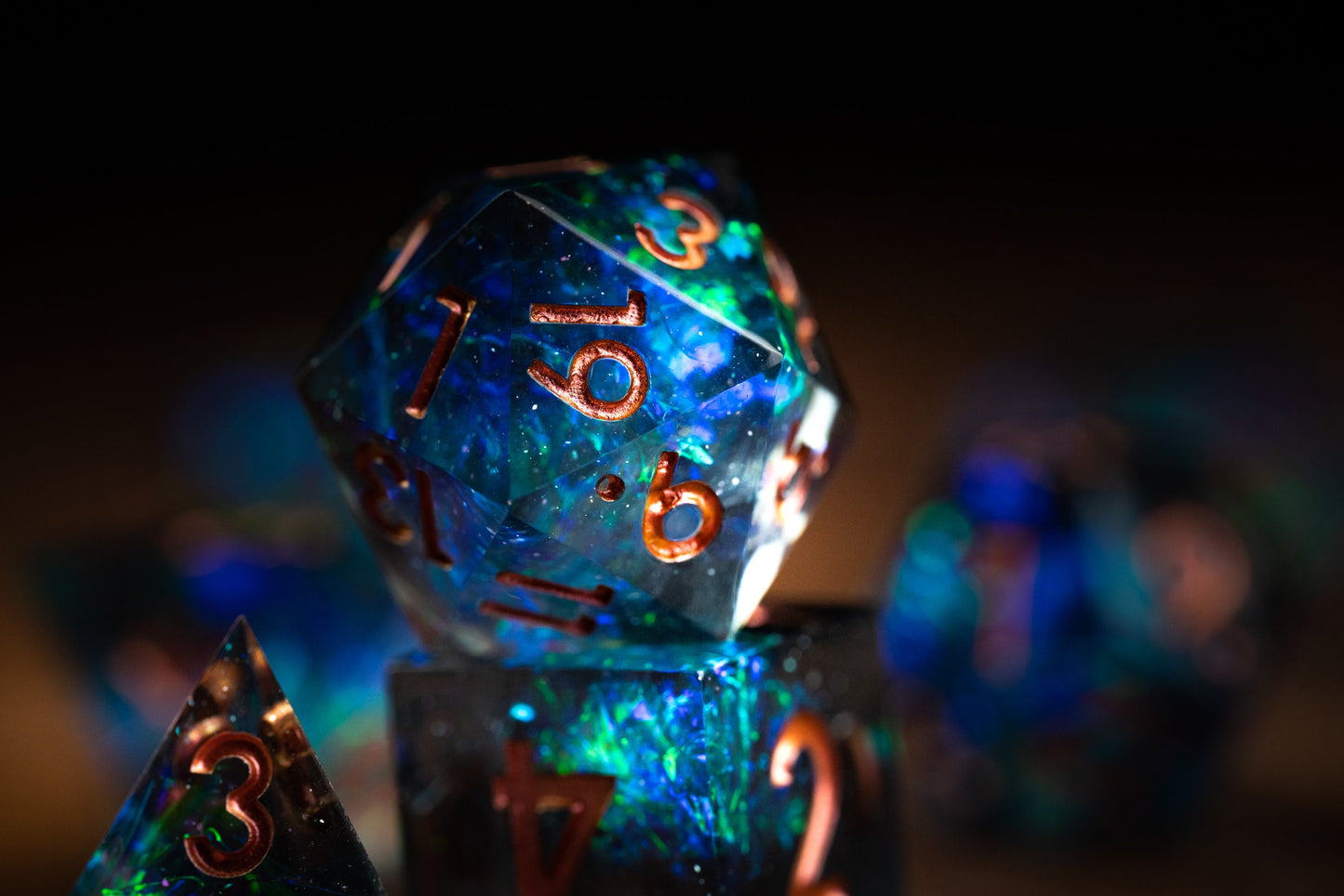 Nebula Mist Space Dice Set: Sharp Edge Polyhedral Resin Galaxy Dice with Glitter - Blue and green DnD Dice for Cosmic Adventures