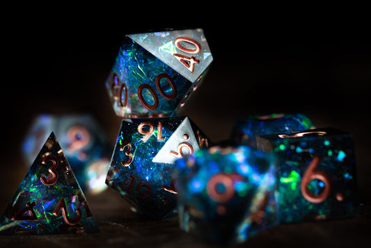 Nebula Mist Space Dice Set: Sharp Edge Polyhedral Resin Galaxy Dice with Glitter - Blue and green DnD Dice for Cosmic Adventures