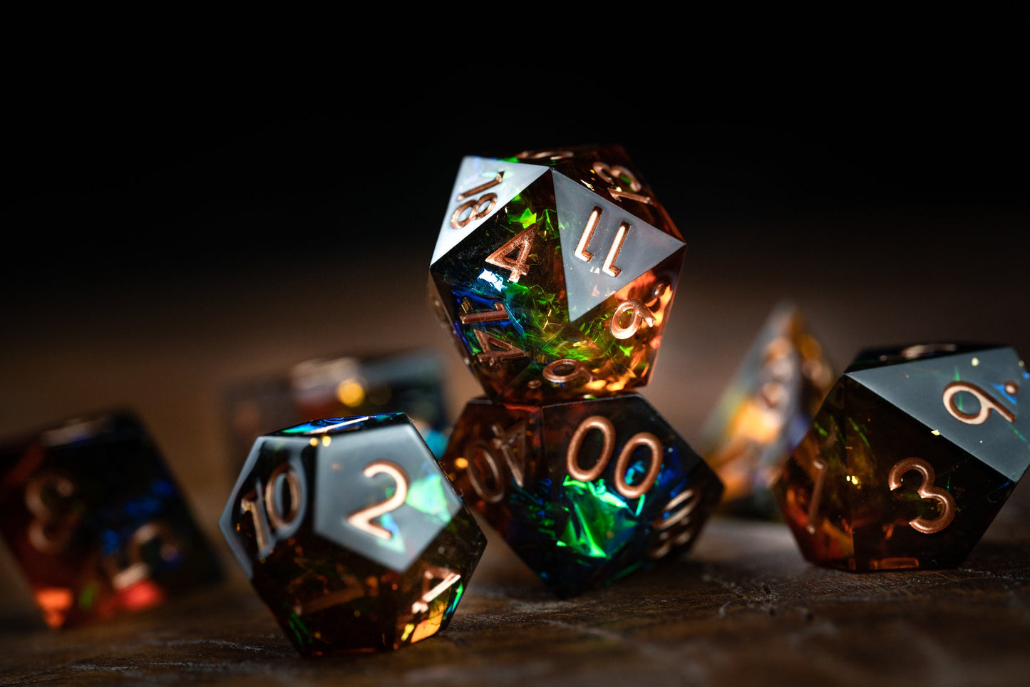 Event Horizon Burst Space Dice Set: Sharp Edge Polyhedral DnD Resin Glitter Dice