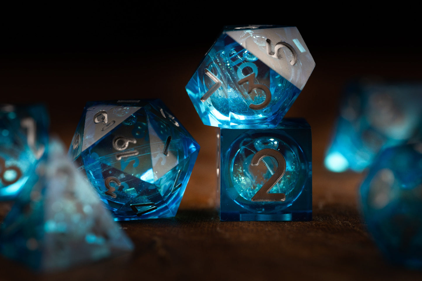 Sapphire Storm Blue Dice Set: Sharp Edge Polyhedral Liquid Core Dice with Glitter - Premium Space DnD Dice for Dungeons and Dragons