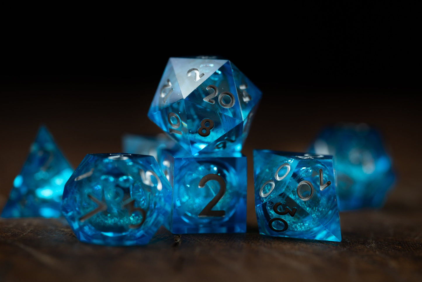 Sapphire Storm Blue Dice Set: Sharp Edge Polyhedral Liquid Core Dice with Glitter - Premium Space DnD Dice for Dungeons and Dragons