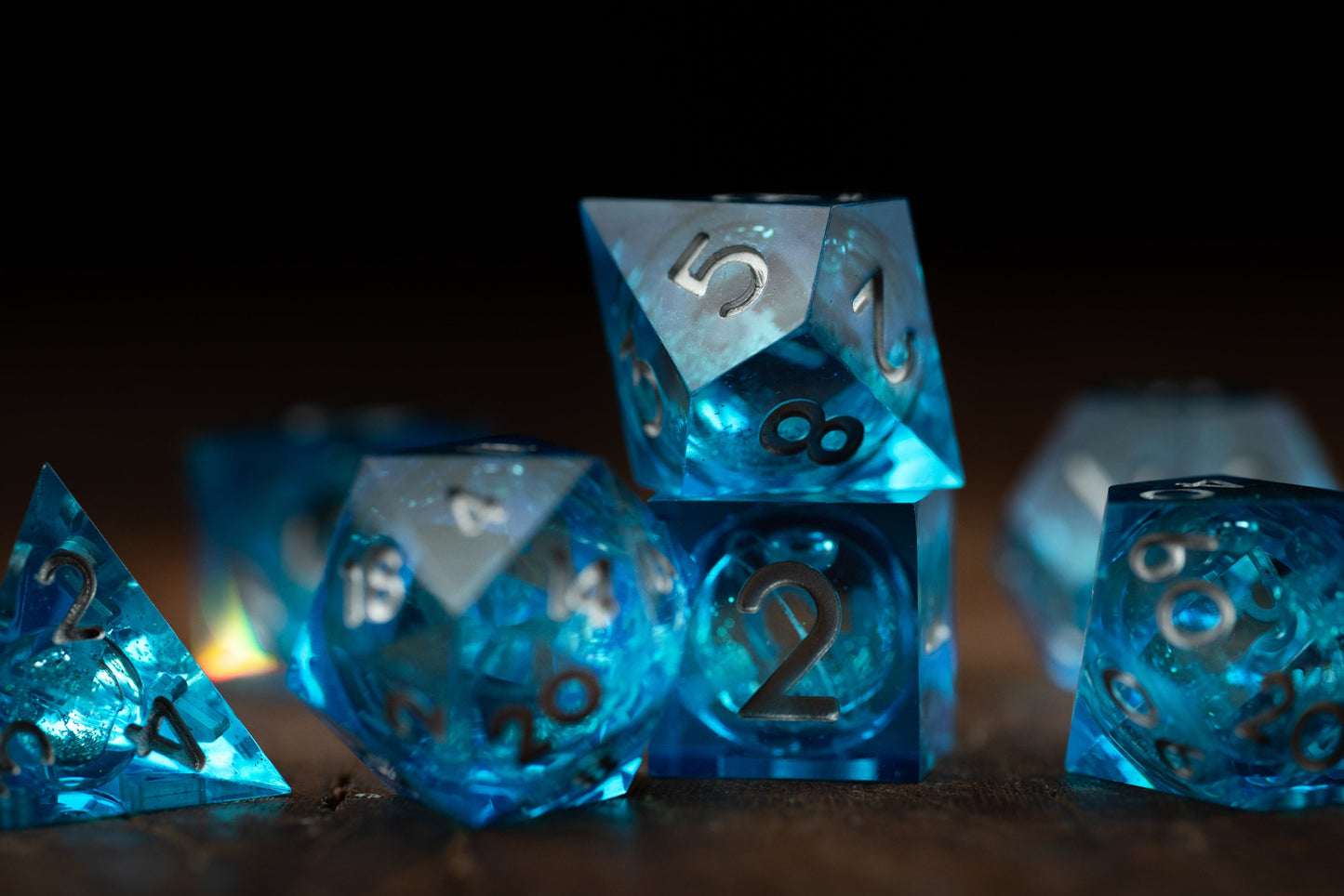 Sapphire Storm Blue Dice Set: Sharp Edge Polyhedral Liquid Core Dice with Glitter - Premium Space DnD Dice for Dungeons and Dragons