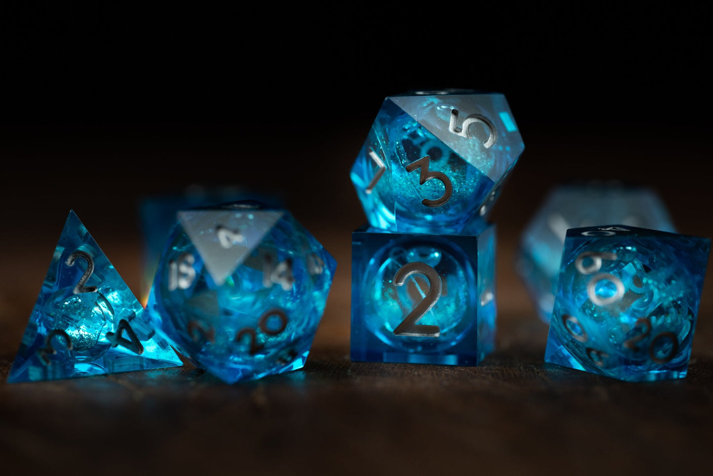 Sapphire Storm Blue Dice Set: Sharp Edge Polyhedral Liquid Core Dice with Glitter - Premium Space DnD Dice for Dungeons and Dragons