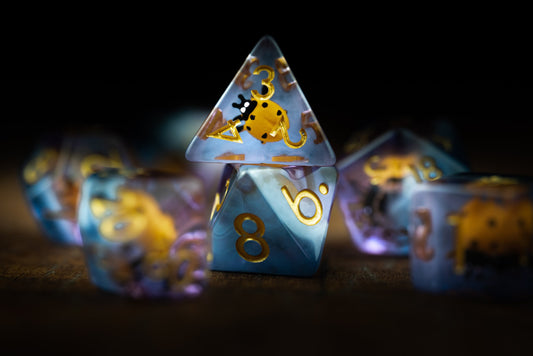 Golden Beetle Lady Bug Dice Set: Cute Polyhedral DnD Dice in Yellow - Perfect Insect-Themed Gifts for Dungeons and Dragons Players