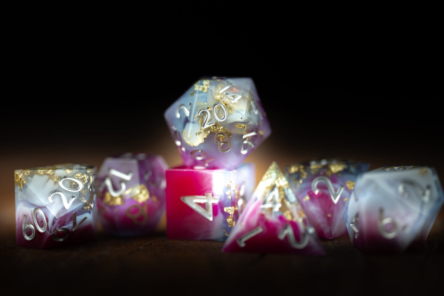 Blushing Meteorite Space Dice Set: Sharp Edge Polyhedral Pink DnD Dice with Glitter - Premium Resin Dice for Cosmic Adventures