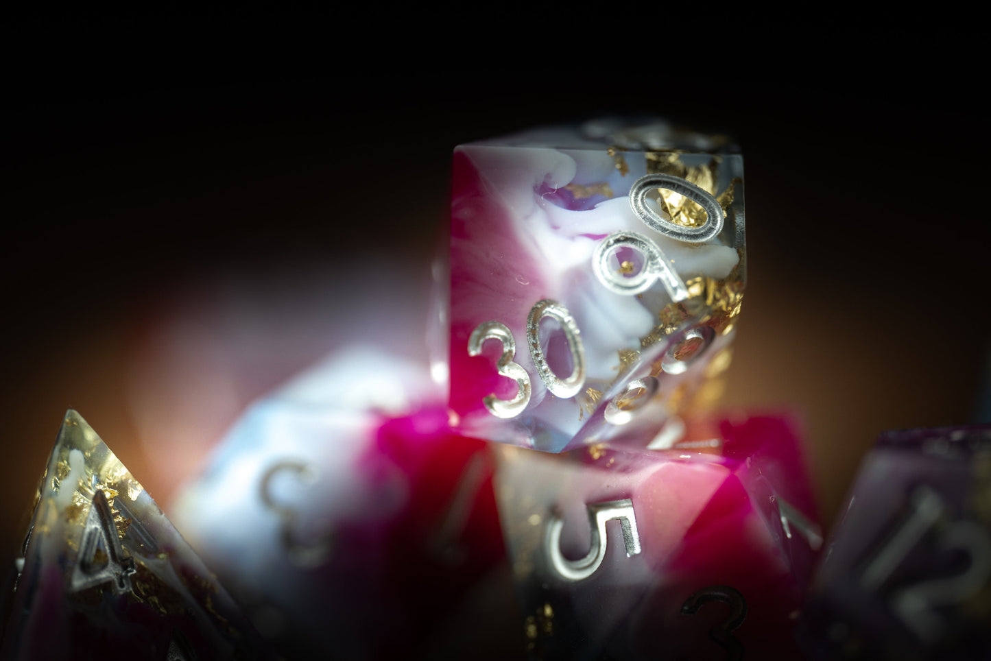 Blushing Meteorite Space Dice Set: Sharp Edge Polyhedral Pink DnD Dice with Glitter - Premium Resin Dice for Cosmic Adventures