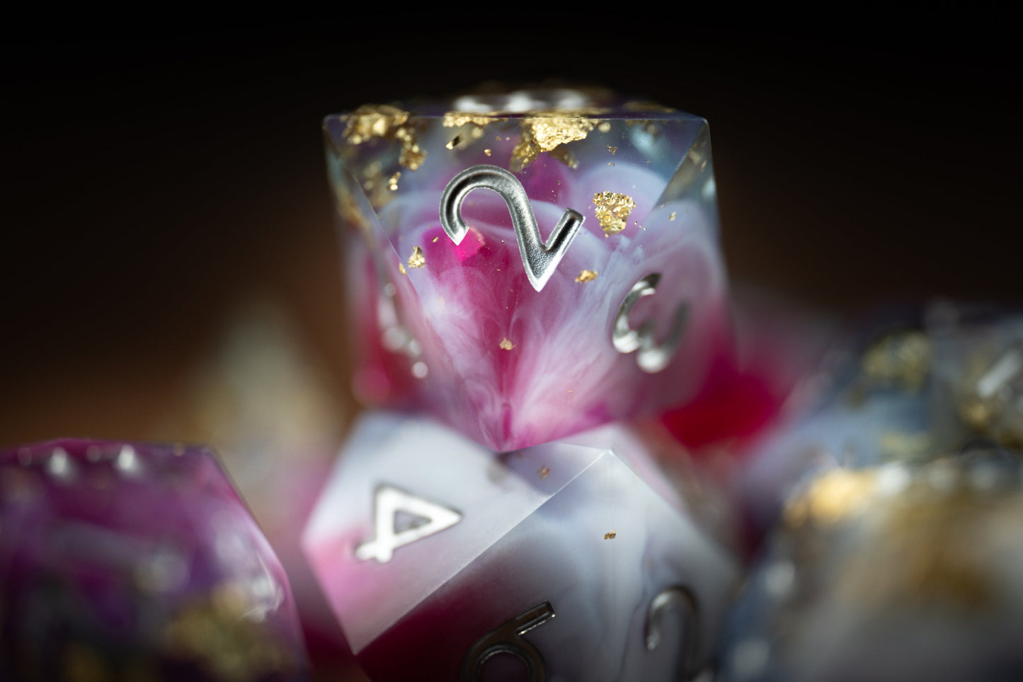 Blushing Meteorite Space Dice Set: Sharp Edge Polyhedral Pink DnD Dice with Glitter - Premium Resin Dice for Cosmic Adventures