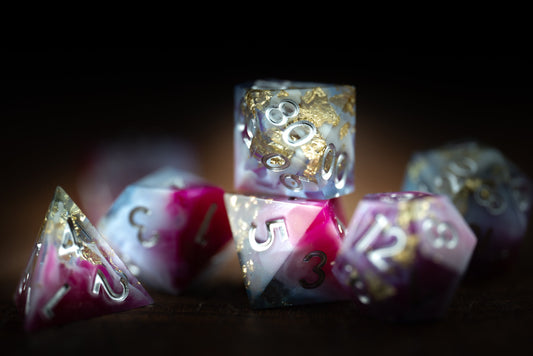 Blushing Meteorite Space Dice Set: Sharp Edge Polyhedral Pink DnD Dice with Glitter - Premium Resin Dice for Cosmic Adventures