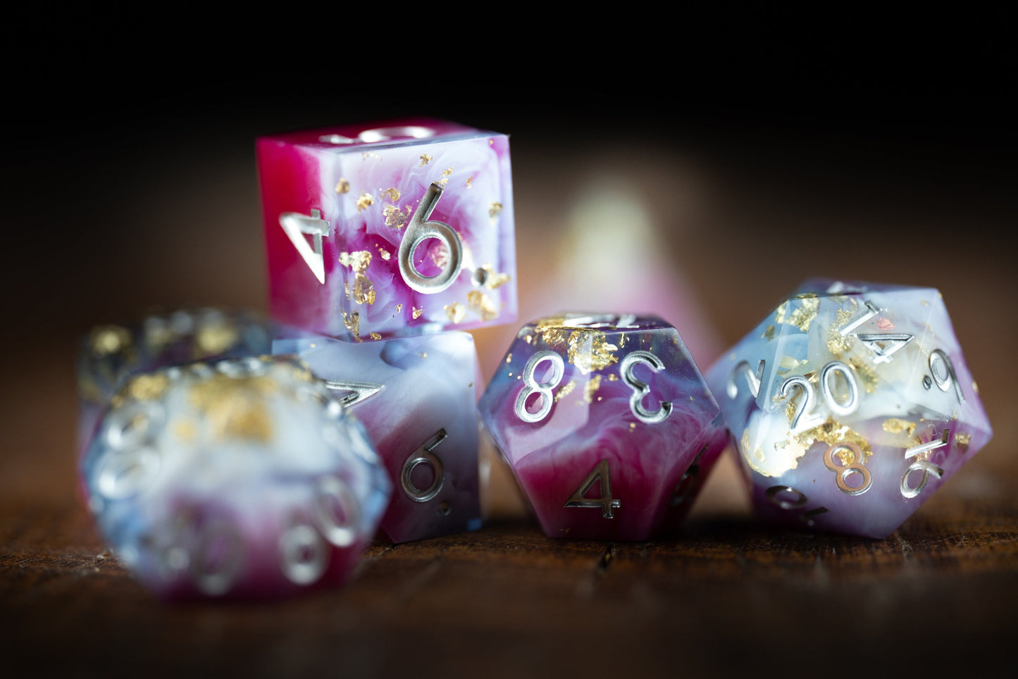 Blushing Meteorite Space Dice Set: Sharp Edge Polyhedral Pink DnD Dice with Glitter - Premium Resin Dice for Cosmic Adventures