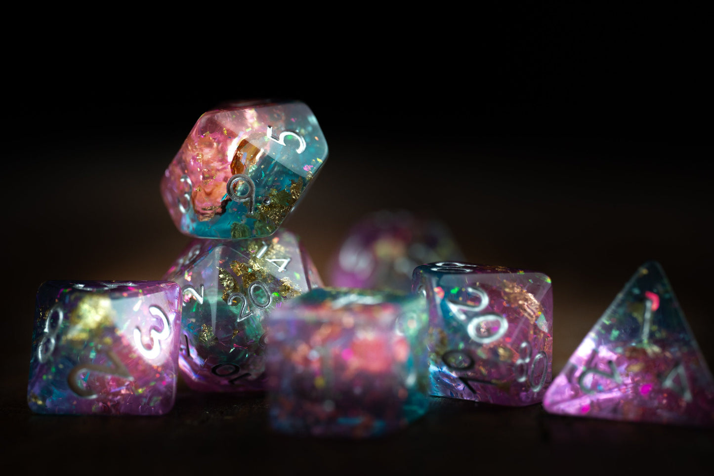 Cosmic Sky Space Dice Set: DnD Resin Polyhedral Glitter Dice in Blue and Purple