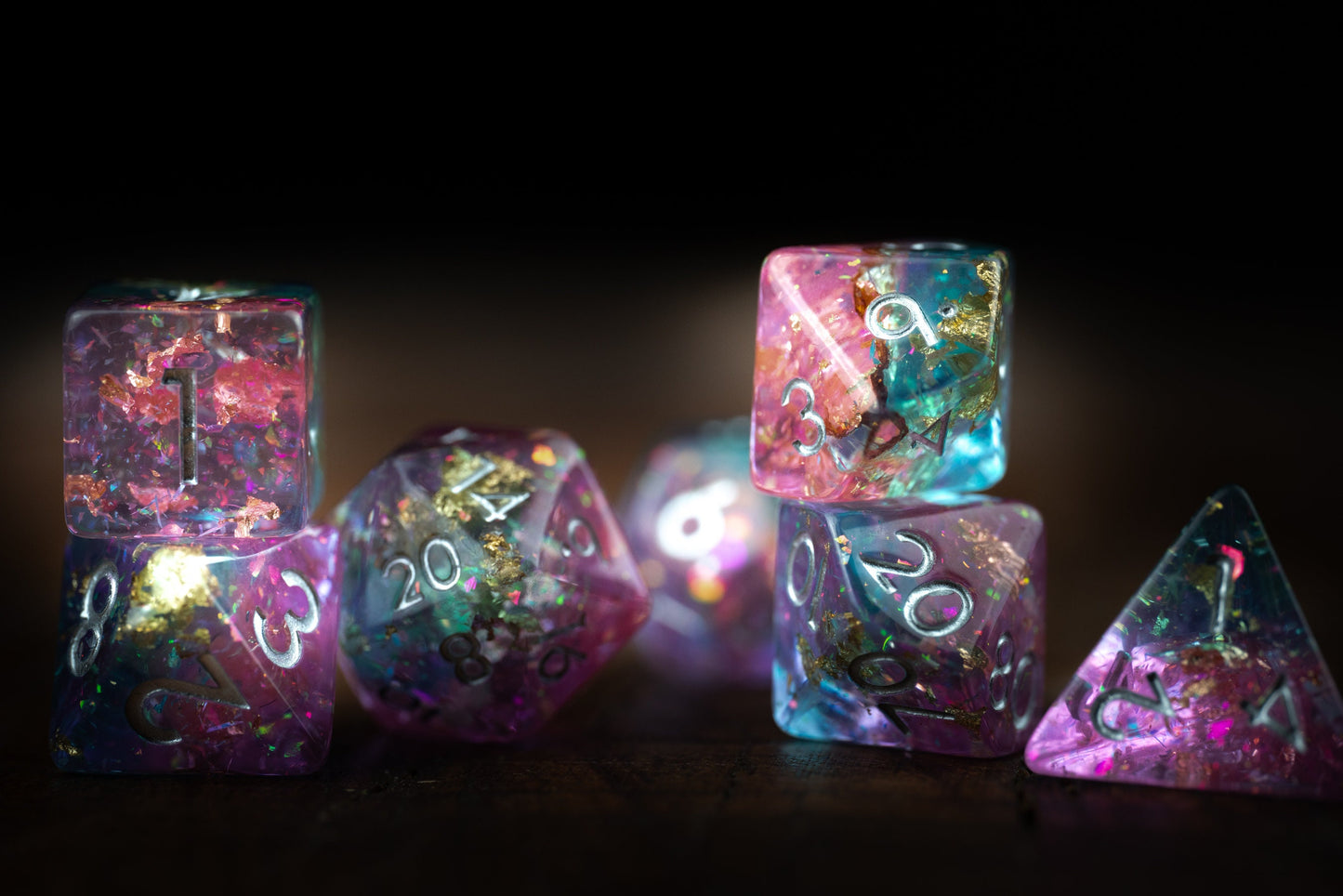 Cosmic Sky Space Dice Set: DnD Resin Polyhedral Glitter Dice in Blue and Purple