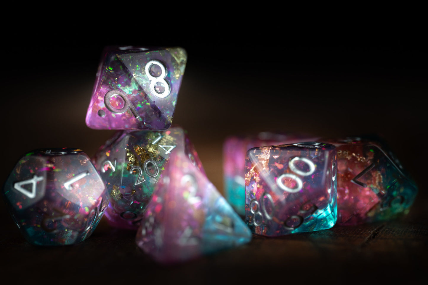 Cosmic Sky Space Dice Set: DnD Resin Polyhedral Glitter Dice in Blue and Purple