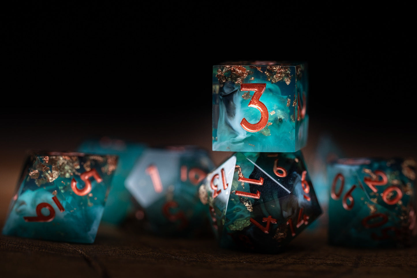 Stellar Tropics Space Dice Set: Sharp Edge DnD Resin Glitter Polyhedral Dice