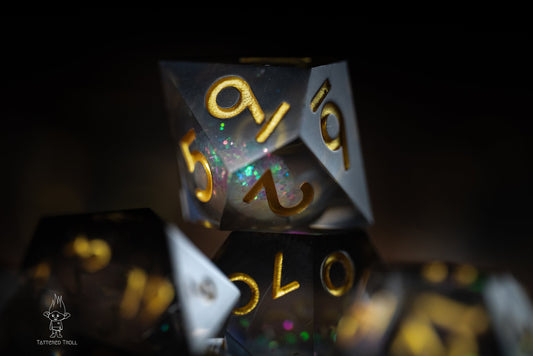 DnD dice sets: Dark Matter Black and Gold Liquid Core DnD Dice: Sharp Edge Polyhedral Liquid Core Dice with Glitter - Space DnD Dice for Dungeons and Dragons