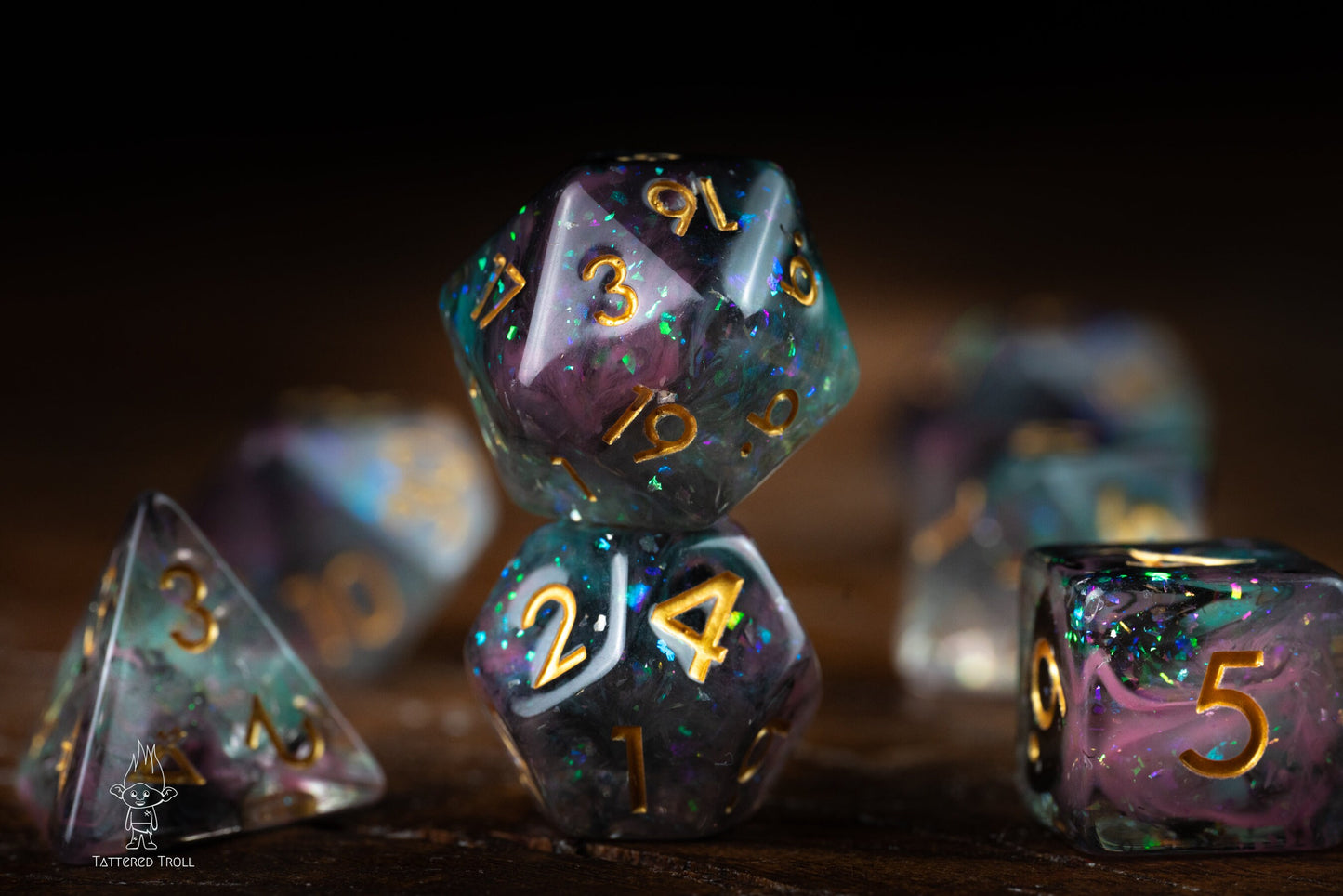 DnD dice sets: Star Shade Space Dice Set: DnD Resin Polyhedral Glitter Dice in Blue