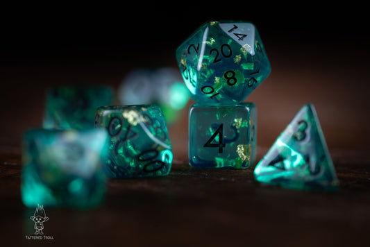 DnD dice sets: Astro Glow Space Dice Set: DnD Resin Polyhedral Glitter Dice in Blue and Green